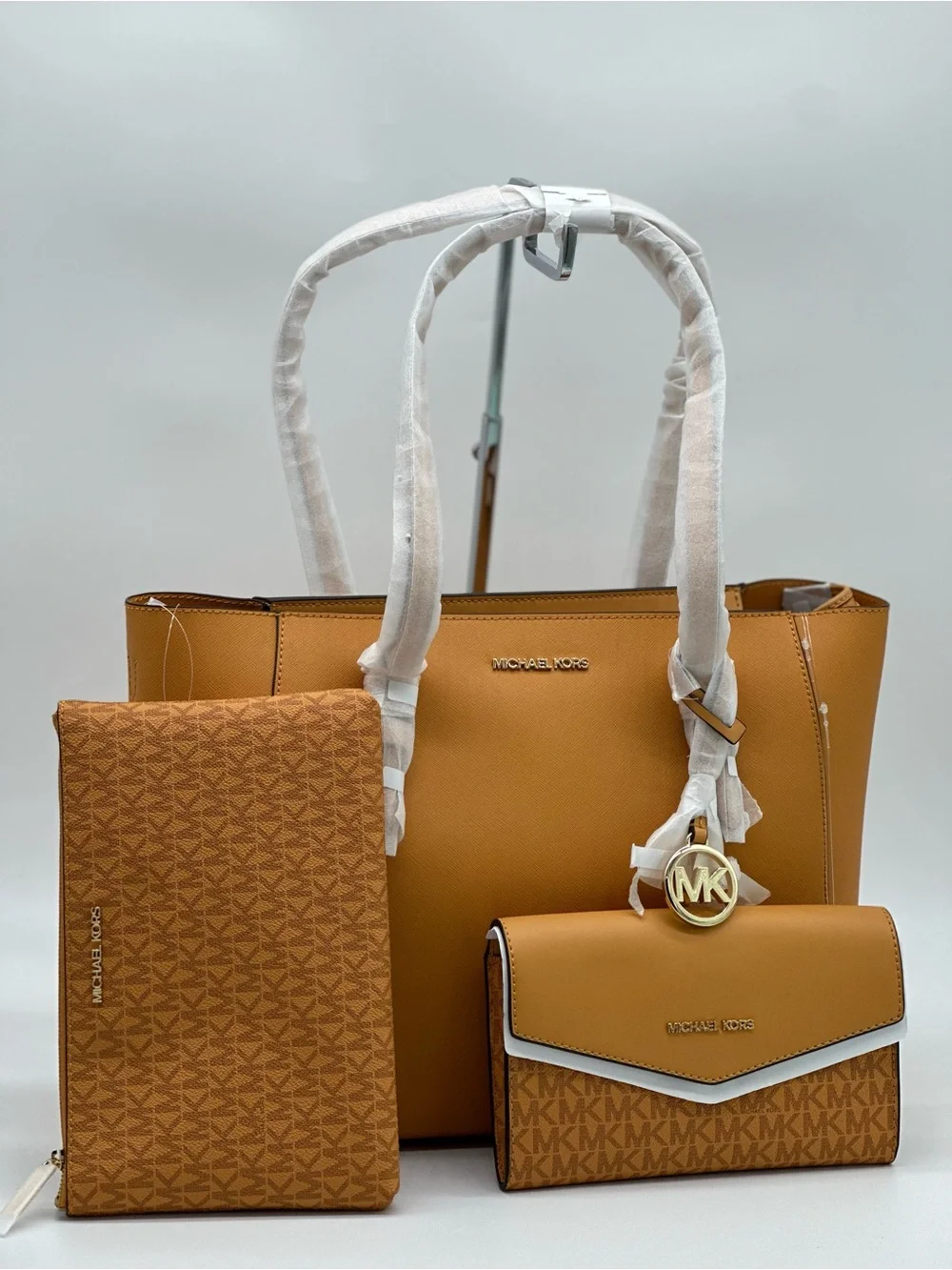 Michael Kors Caramel Tan Leather Tote with Matching Wallet & Clutch Set